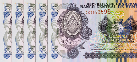Banknote 5 Lempiras of Honduras. Fragment for designers. Paper money of Honduras.