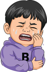 Cute cartoon child in purple hoodie with letter B, smiling character design for children's book, playful vector illustration, kid artwork