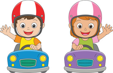 Cute cartoon children driving toy cars, wearing colorful helmets, waving hands, smiling faces, fun and safety theme, playful vector illustration