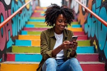 Modern African American woman accessing online bank account on mobile phone while sitting on colorful street art stairway