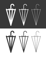 Icon of a folded umbrella. Symbol of rain or protection. Means of protection from the sun. Season or autumn pictogram.  Attribute of bad weather or precipitation. Raster icon.