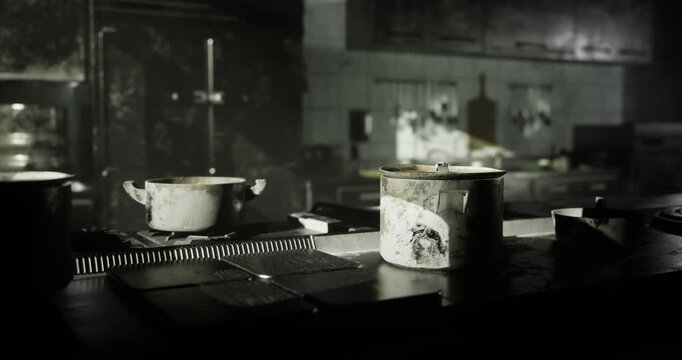 An abandoned kitchen displays neglected cookware and grime in a dimly lit space. The atmosphere suggests a long period of disuse, creating an unsettling yet intriguing scene.