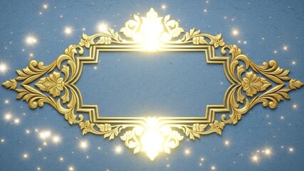 Elegant gold ornate frame with glowing light and sparkling particles on textured blue background intricate floral design luxury decorative border 4K Ai HD video.

