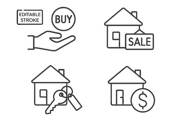 Real estate pixel perfect linear icons set. Buying and selling property. House sale, home key, and investment. Editable stroke vector symbols for mortgage and ownership.