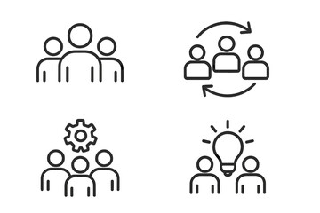 Teamwork outline icon set. Business collaboration and partnership concept. Group of people working together. Synergy, management, leadership, brainstorming and innovation.
