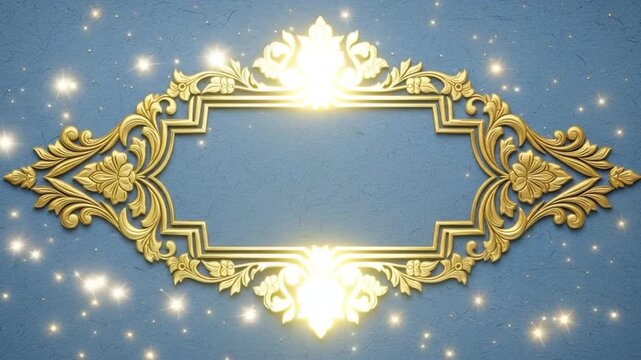 Elegant gold ornate frame with glowing light and sparkling particles on textured blue background intricate floral design luxury decorative border 4K Ai HD video.

