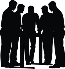A group of silhouetted figures gathered around a table in a dark setting, engaged in discussion