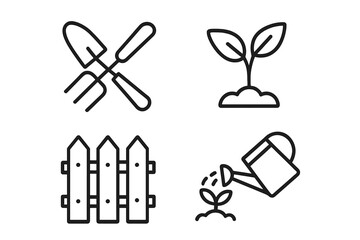 Gardening line icons set. Garden tool, plant sprout, fence, watering can. Pictogram collection. Horticulture, agriculture concept. Spring, nature, growth symbol. Vector.