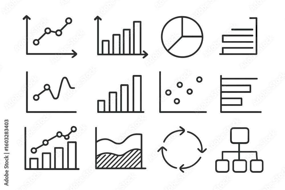 Poster business data visualization icon set. line chart, bar graph, pie chart, flow diagram, scatter plot. 