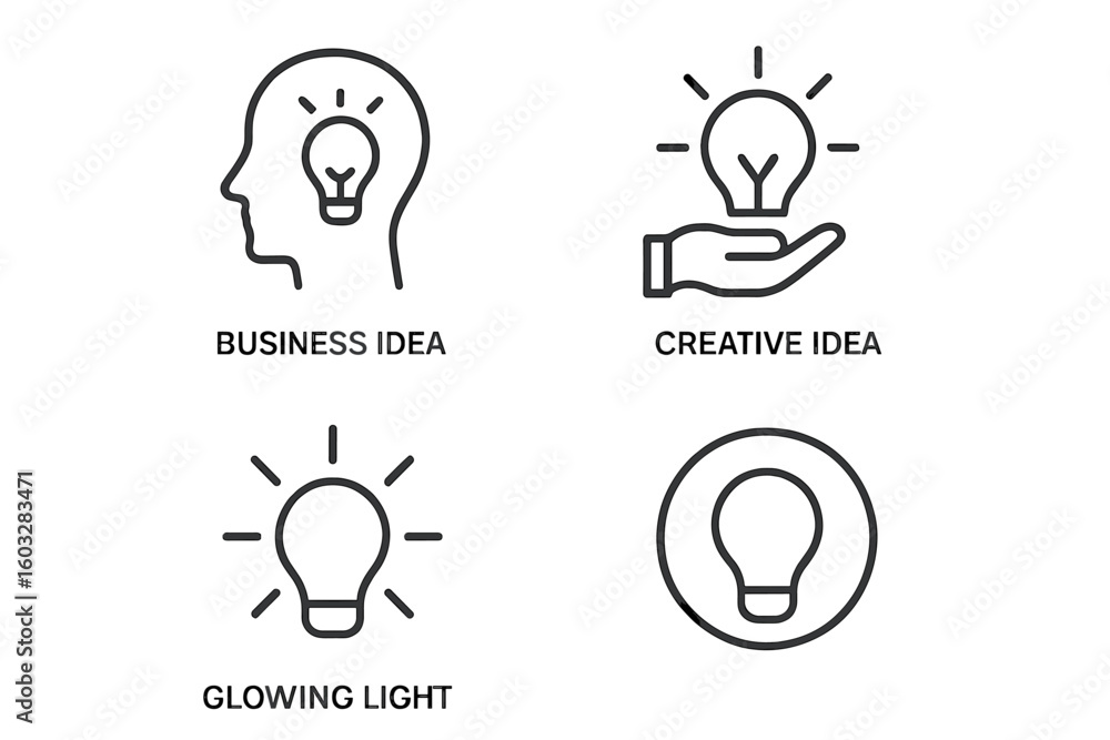 Poster idea line icon set. business idea, creative solution, innovation concepts. glowing light bulb in hea
