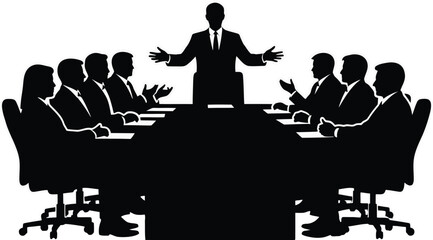 A silhouette illustration depicting a business meeting with a leader gesturing to the group at the table