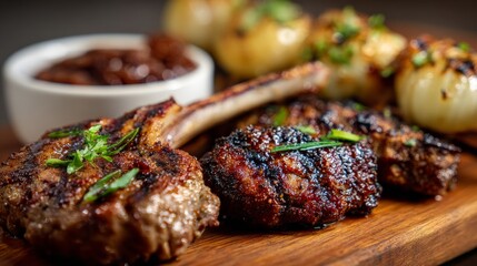 A mixed braai (barbecue) platter, focusing on a close-up of grilled lamb chop and sosatie with visible char marks, spice crust, and glaze.