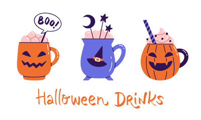 Set of three Halloween mocktail drinks for web banner, menu, or sticker design. Flat vector illustration of Witch's cauldron and Jack-o'-lantern mugs isolated on white background. Spooky season.
