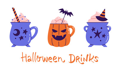 Set of three Halloween cocktail drinks in spooky mugs isolated on white background. Flat vector illustration of Witch's cauldron and Jack-o'-lantern cups for web banner, menu, or sticker design.