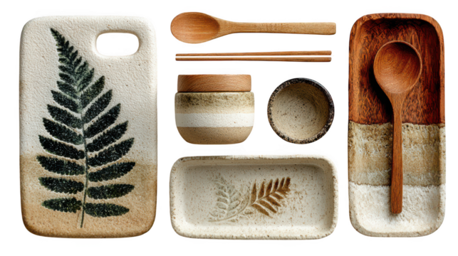 Collection of ceramic and wooden kitchenware including a fernpatterned phone case chopsticks bowls spoons and trays isolated on transparent background - Powered by Adobe