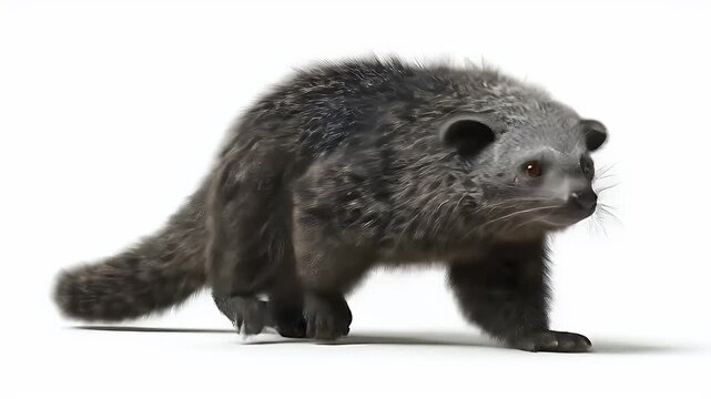 A detailed Binturong bearcat walks across a clean white background in a dynamic studio shot.