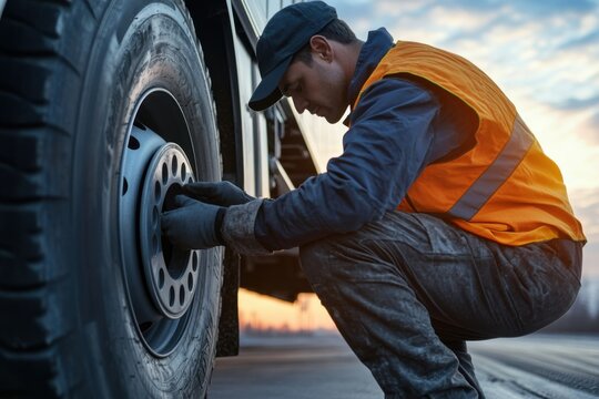 Truck driver fixing wheel nuts on roadside during sunset