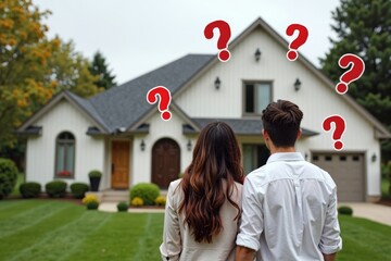 Close-up of young couple in front of dream home, encircled by floating question marks symbolizing their concerns