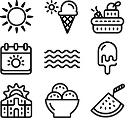 Summer Icon Collection Vector Illustration for Vacation Holiday and Seasonal Designs Perfect for Graphic Designers and Illustrators