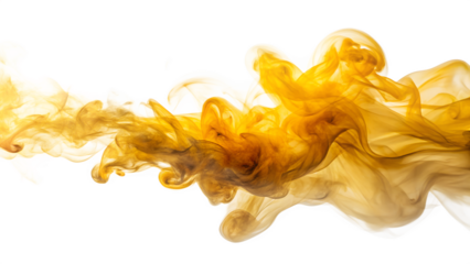 Photo of an abstract and elegant swirling cloud of golden yellow ink or smoke creating a flowing ethereal pattern against a clean transparent background