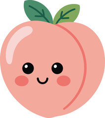 Cute peach cartoon with smiling face, green leaf, pink cheeks, perfect for kids’ products, playful design, fruit character illustration