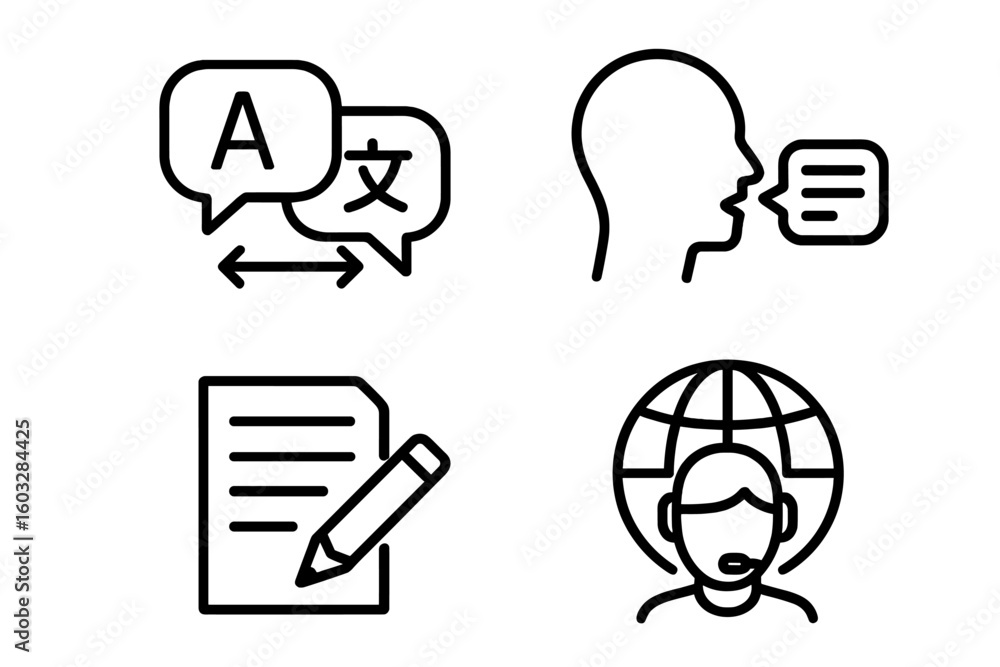 Poster language translation icon set. line icons of speech, writing, and linguistics skills. global transla