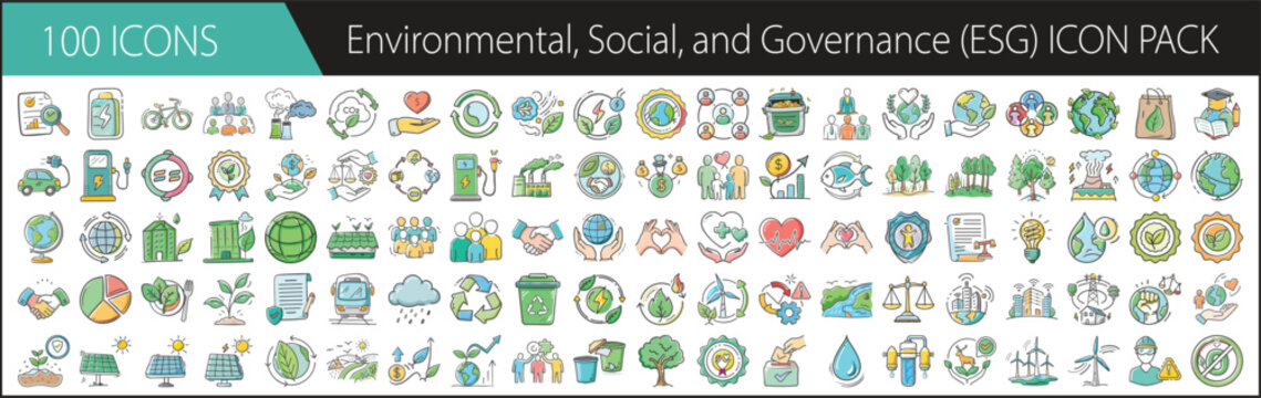 ESG Icon Pack with 100 Environmental, Social, and Governance Elements-A meaningful set of 100 cartoon-style ESG icons, featuring sustainability, equality, ethics, nature, and corporate responsibility 