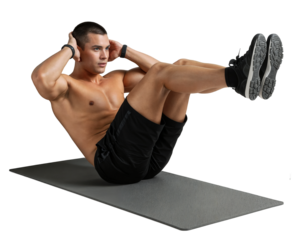 young man doing situps and crunches on a mat for fitness
