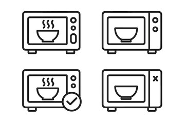 Microwave safe icon set. Flat linear symbols for cooking instructions and cookware safety. Kitchen appliance vector for food preparation guide. Outline illustration.