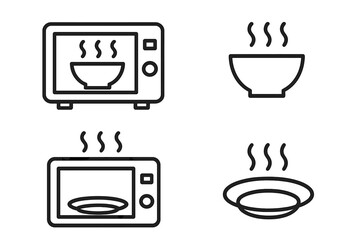 Microwave oven flat linear icons set. Symbols for microwave safe cookware and heating food. Kitchen appliance vector illustration for cooking and safety instructions.