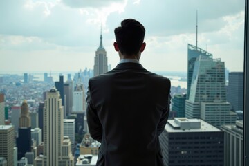 Naklejka na ściany i meble Male Lawyer Poses confidently on skyscraper with cityscape background.