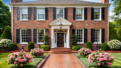 Elegant brick colonial home with lush landscaping and blooming hydrangeas on a sunny day