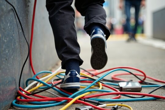 Person Stumbling Over a Cluttered Tangle of Brightly-Colored Cables and Cords