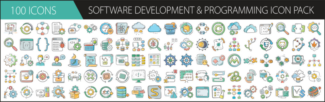 Software Development and Programming Icon Pack with 100 Tech Elements - A detailed collection of 100 cartoon-style software development icons, including coding, debugging, cloud, APIs, databases