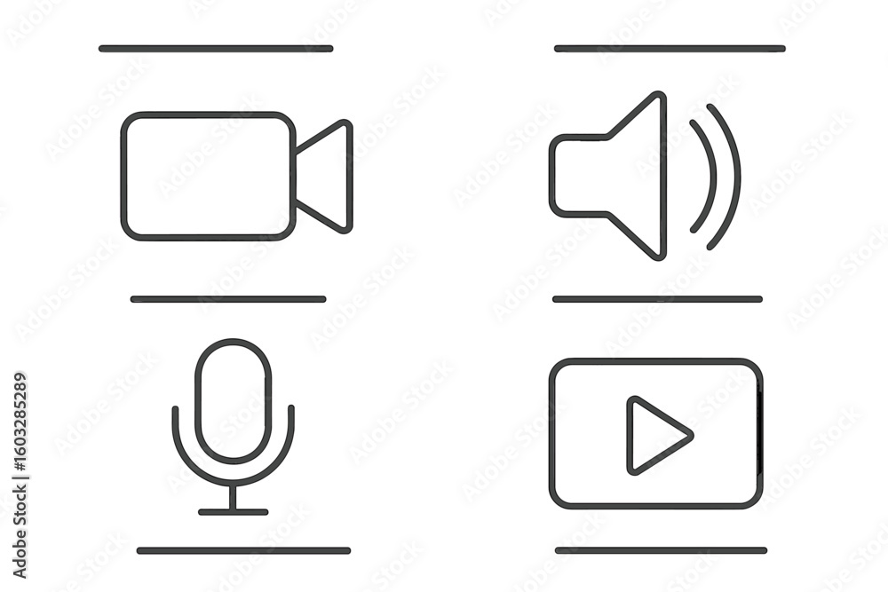 Poster media player interface icon set. simple outline vector illustrations. video camera, microphone, audi