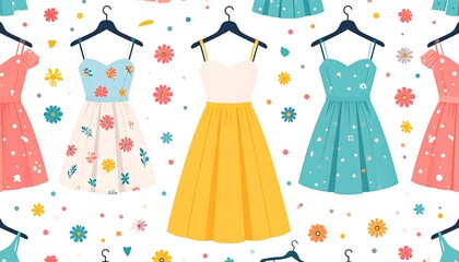 Spring dresses on hangers, floral pattern