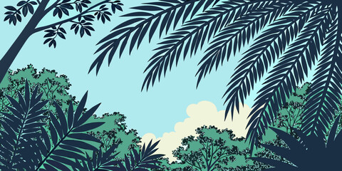 A vibrant tropical nature scene showcasing silhouetted palm trees against a summer sky with the sun