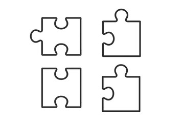 Jigsaw puzzle pieces icon set. Metaphor for teamwork, strategy, and problem-solving. Business solution, connection, and cooperation concept. Simple line art vector illustration.
