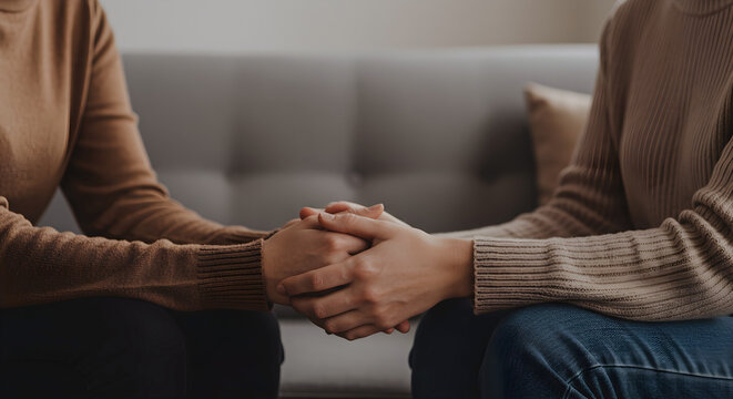 Close-up shot of two women holding hands, seated on a couch, wearing cozy knit sweaters and jeans, in a warm, soft, and empathetic mood, shallow depth of field