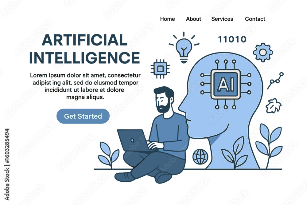 Aufkleber artificial intelligence landing page concept. man with laptop and human head profile with ai chip. m