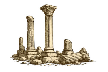 Antique column ruins sketch. Hand drawn vector illustration of ancient Greek or Roman architecture pillar. Symbol of history, empire, decay, time, and forgotten civilization.