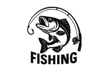 Fishing logo with bass and fishing rod. Vector icon for fisherman club. Angling sport hobby. Black and white largemouth bass fish symbol for tournament or team emblem.