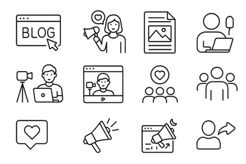 Blogging and influencer marketing thin line icon set. Blog, content creator, vlog, vlogger, followers, social media, community, and digital promotion outline vector symbols.
