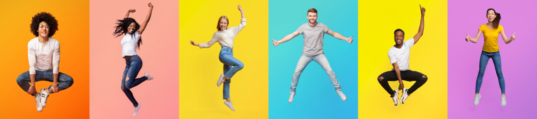 A joyful group of diverse individuals leaps in the air against bright backgrounds, showcasing their...