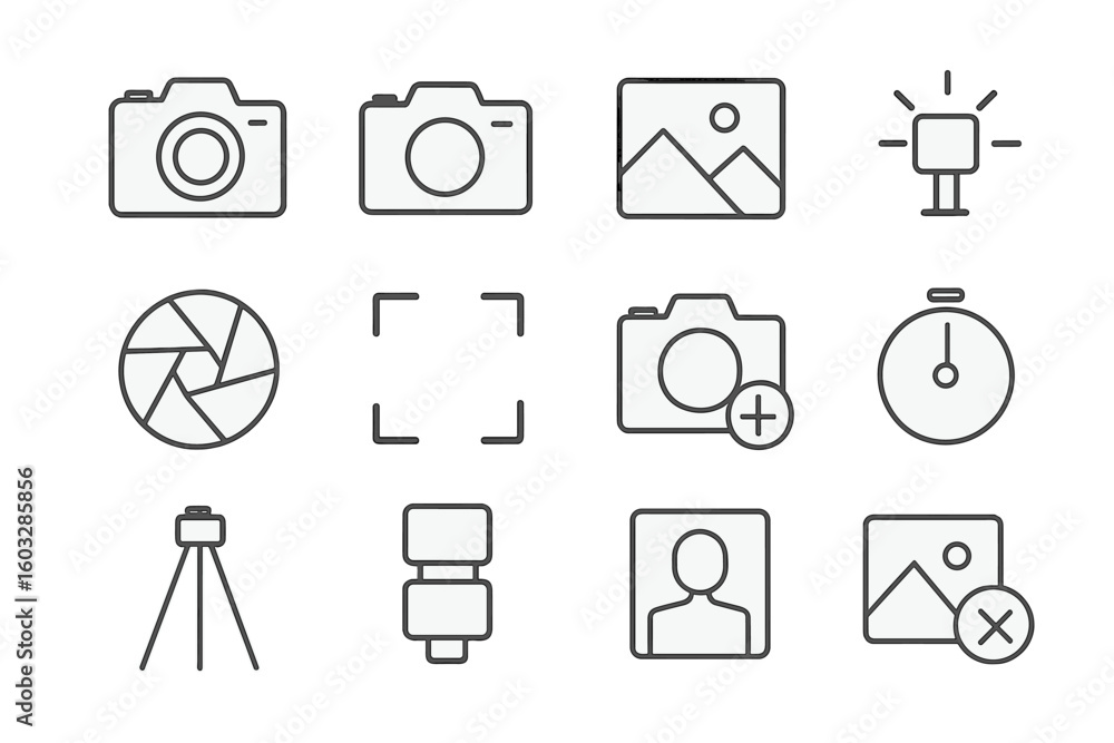 Poster photography and camera line icon set. photo and video outline pictogram collection. simple vector ic