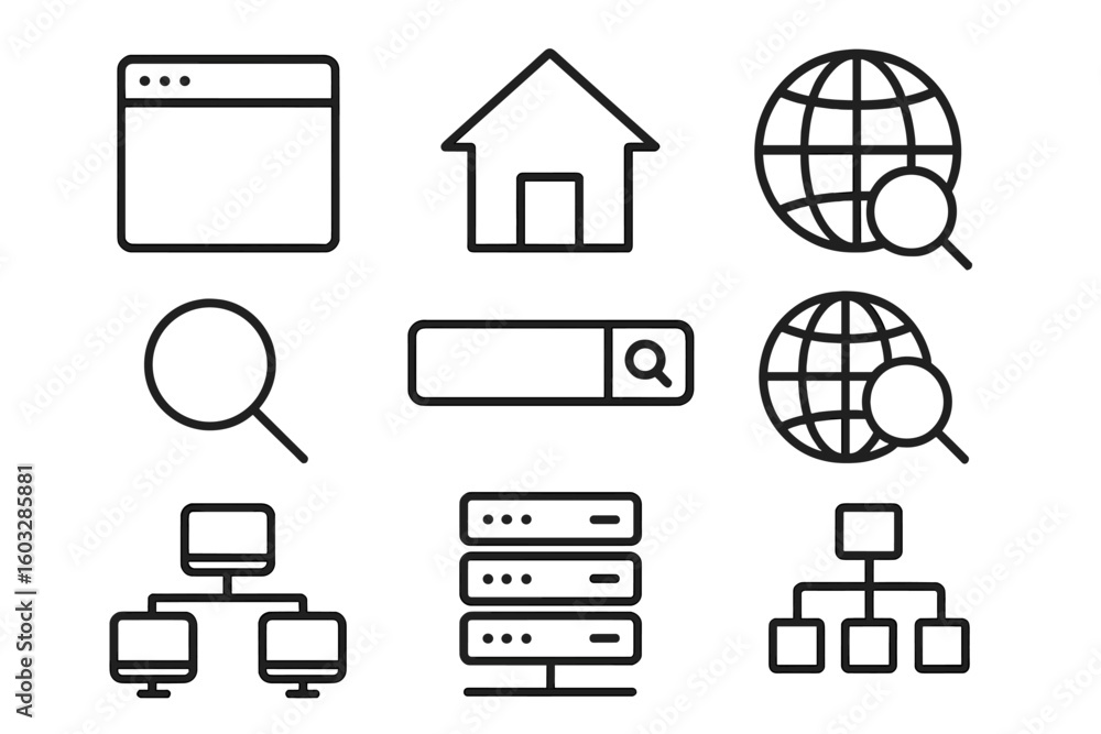 Poster web and internet line icon set for ui ux design. concepts of browser, homepage, online search, compu