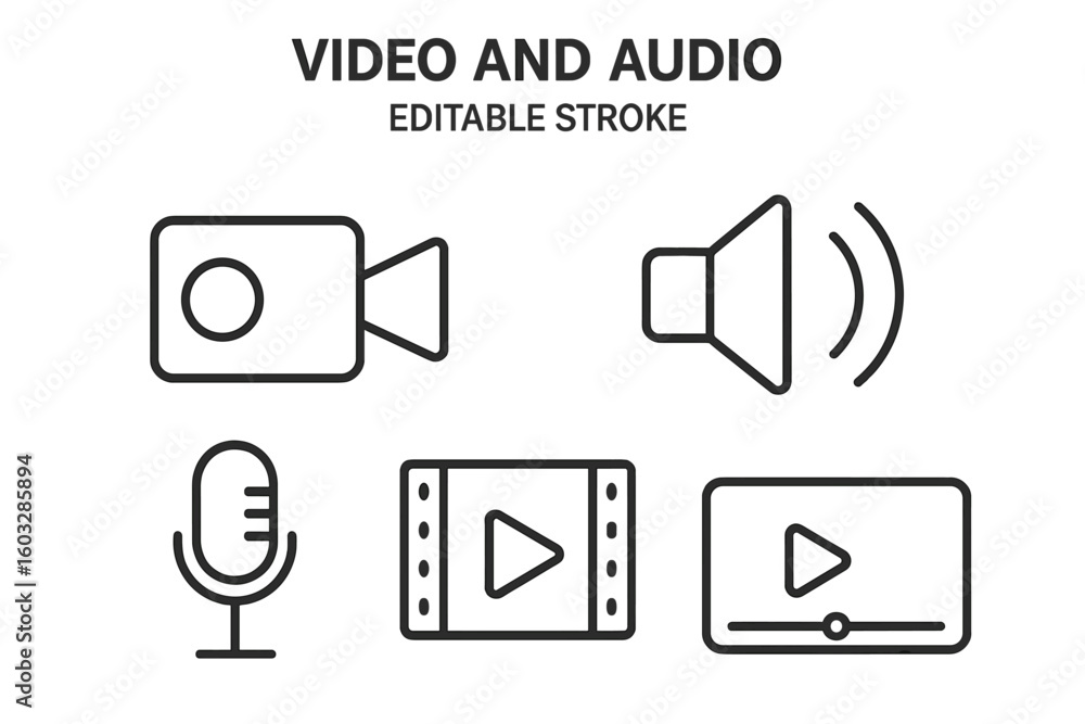 Poster video and audio line icon set. editable stroke vector pictograms for web and mobile ui. media player
