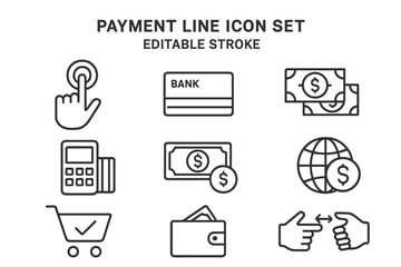 Payment line icon set with editable stroke. Thin outline vector symbols for finance, banking, and e-commerce. Includes cash, credit card, money transfer, and shopping icons.