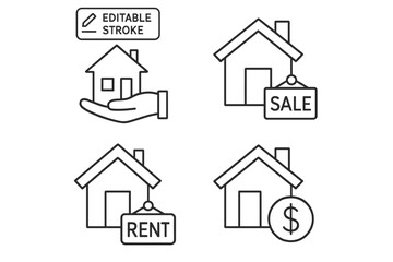 Real estate line icon set. Buying, selling, and renting a house. For sale and for rent signs. Mortgage, housing loan, and property investment vector concepts. Editable stroke.