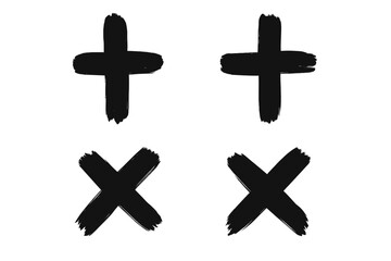Obraz premium Hand painted grunge cross and plus signs. Black brush stroke X and + icons. Abstract ink symbols for marking choices like yes, no, wrong, and right. Vector design elements.